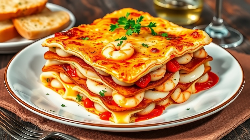Deliciously Layered Seafood Lasagna Recipe Delicious seafood lasagna layered with shrimp and scallops, topped with melted cheese and parsley, served with garlic bread.